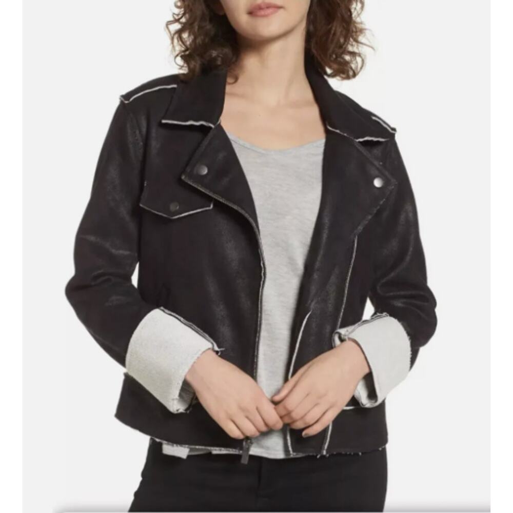 Splendid Faux Suede French Terry Moto Jacket‎ Black White Raw Hem XS